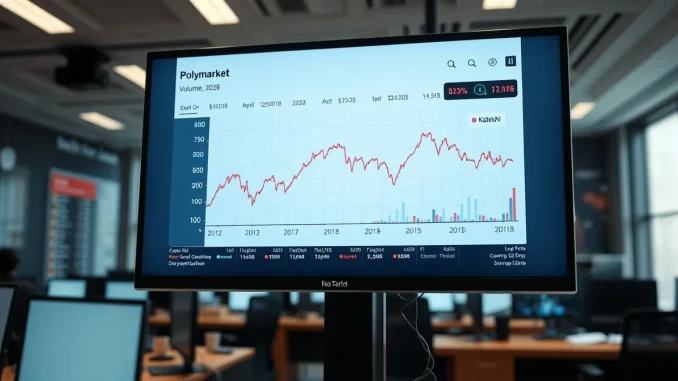 Digital trading dashboard showing declining Polymarket volume chart on smartphone in professional trading environment
