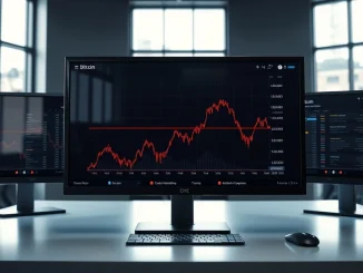 Trading desk monitors showing declining Bitcoin price chart and cryptocurrency market data in a professional office setting