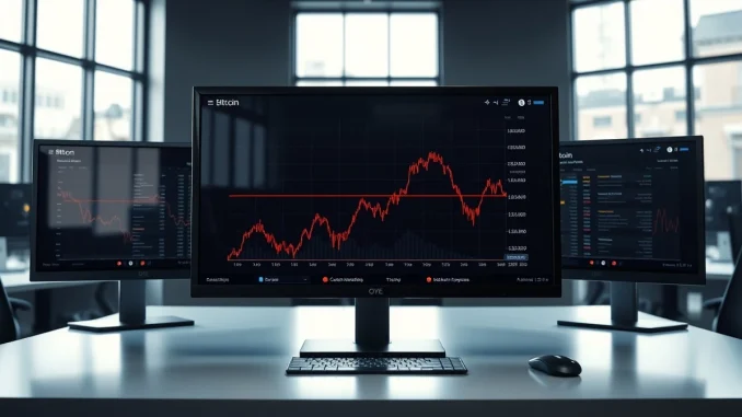 Trading desk monitors showing declining Bitcoin price chart and cryptocurrency market data in a professional office setting