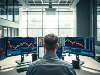 Professional trading desk with monitors showing event contract data and charts