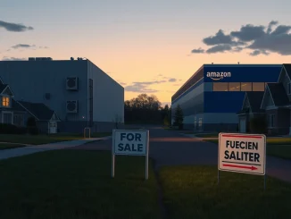 Contrast between a suburban home and two types of industrial facilities: a data center and an Amazon warehouse.