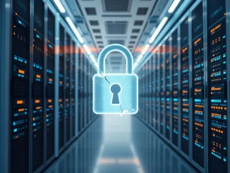 Holographic lock icon cracking over blockchain data streams in a server room representing quantum threat.