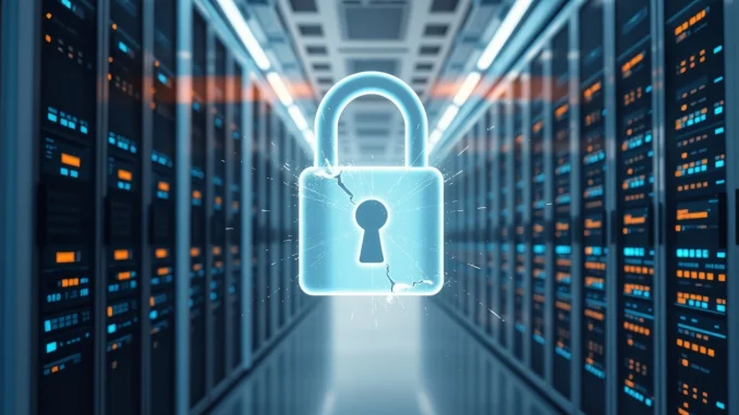 Holographic lock icon cracking over blockchain data streams in a server room representing quantum threat.