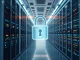 Holographic lock icon cracking over blockchain data streams in a server room representing quantum threat.