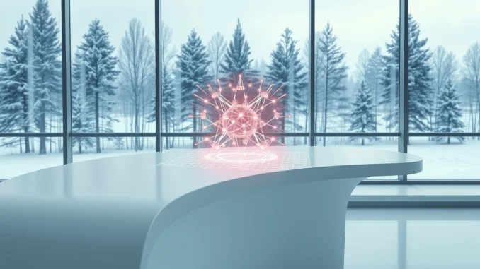 QuTwo AI lab valuation: A holographic quantum-classical computing network displayed in a modern Finnish office, symbolizing European tech innovation.