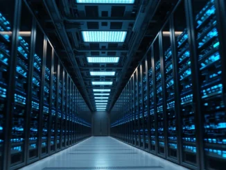 Interior of a modern data center with GPU servers for decentralized rendering