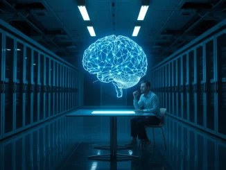 Two researchers observe a glowing holographic brain in a futuristic server room, representing Recursive Superintelligence's AI self-improvement research.