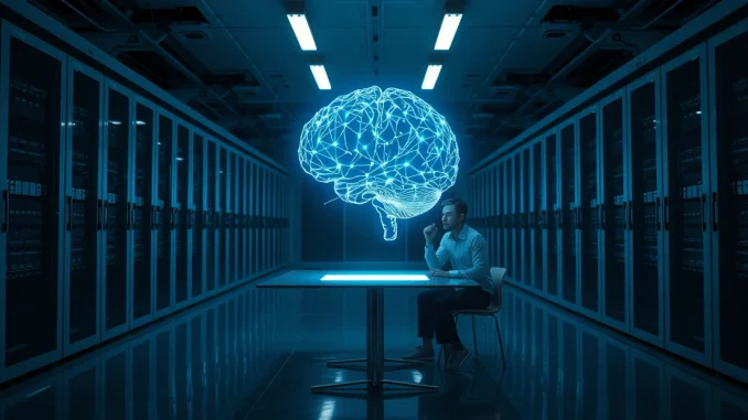 Two researchers observe a glowing holographic brain in a futuristic server room, representing Recursive Superintelligence's AI self-improvement research.