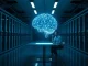 Two researchers observe a glowing holographic brain in a futuristic server room, representing Recursive Superintelligence's AI self-improvement research.