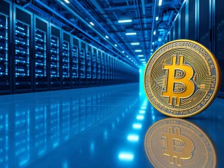 Interior of a modern data center with server racks and a Bitcoin reflection on the floor, representing Riot's dual focus on mining and AI infrastructure.