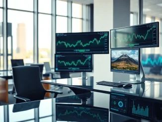 Modern financial trading desk with crypto charts and monitors in a professional office setting