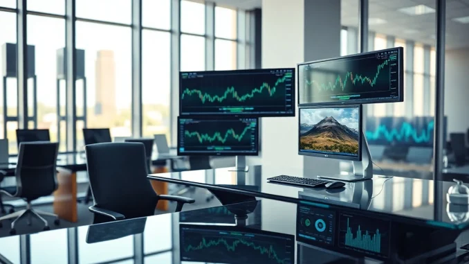 Modern financial trading desk with crypto charts and monitors in a professional office setting