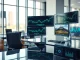 Modern financial trading desk with crypto charts and monitors in a professional office setting