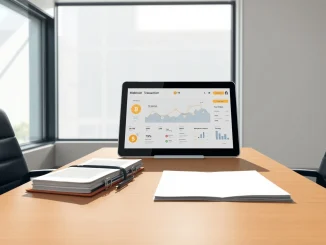 Corporate stablecoin adoption showing digital payment interface on treasurer's desk representing blockchain business integration