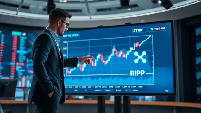 Financial analyst pointing at XRP price chart on digital screen in newsroom setting