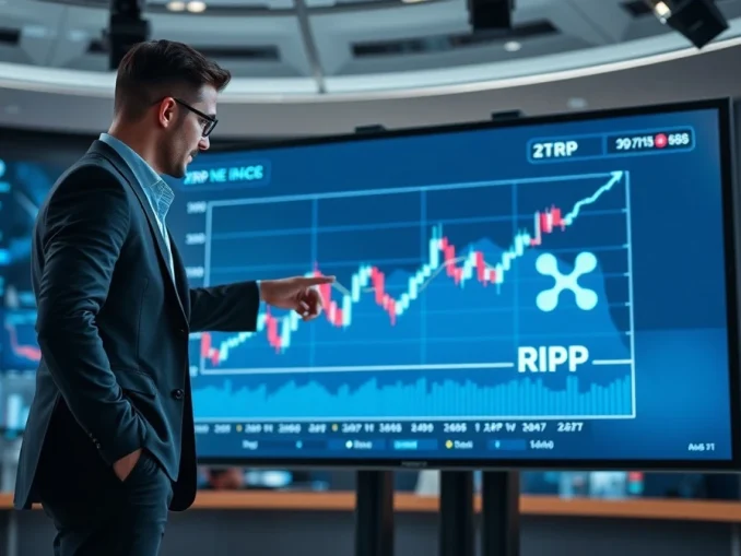 Financial analyst pointing at XRP price chart on digital screen in newsroom setting