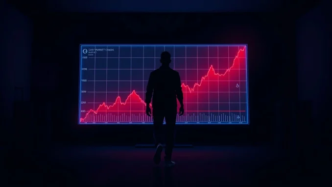 Memecoin chart crashing with developer silhouette walking away from glowing screen