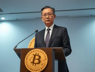 Samson Mow speaking at a conference with a Bitcoin logo in the background
