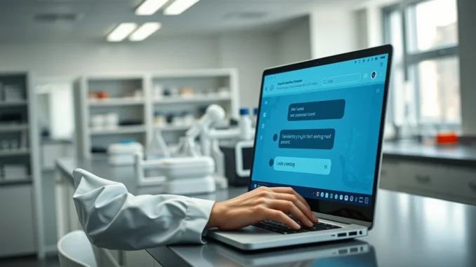Scientist using SandboxAQ's AI drug discovery models through a conversational interface on a laptop in a modern laboratory.
