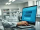 Scientist using SandboxAQ's AI drug discovery models through a conversational interface on a laptop in a modern laboratory.