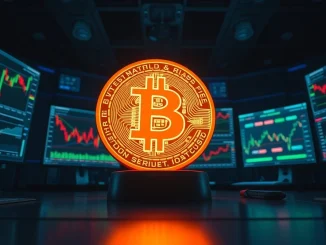 Bitcoin coin on trading desk with screens showing charts and sentiment data