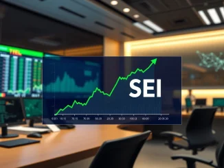 Sei (SEI) price chart with bullish trend on a financial display in a modern newsroom setting.