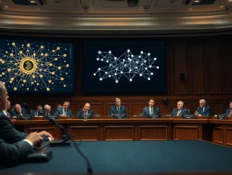 U.S. Senate committee hearing on crypto regulation with blockchain display