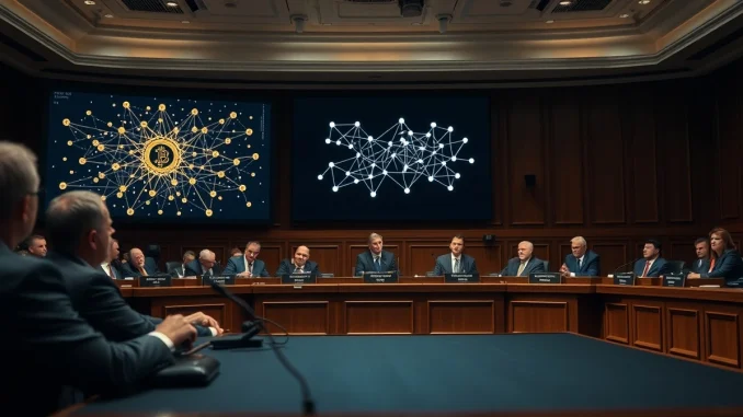 U.S. Senate committee hearing on crypto regulation with blockchain display