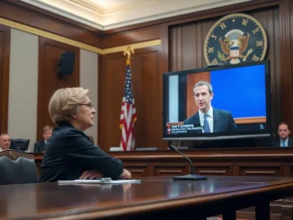 Senator Elizabeth Warren questioning Meta CEO Mark Zuckerberg about stablecoin plans in a Senate hearing room.