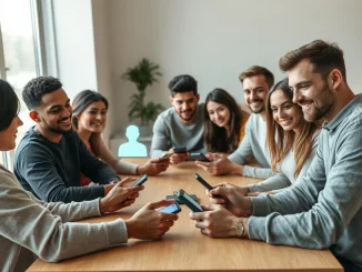Group of friends looking at phones with a glowing AI character icon visible on one screen, representing the Shapes app.