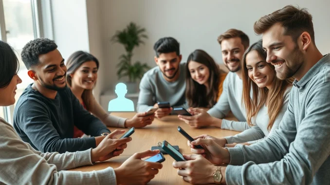Group of friends looking at phones with a glowing AI character icon visible on one screen, representing the Shapes app.