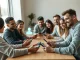Group of friends looking at phones with a glowing AI character icon visible on one screen, representing the Shapes app.