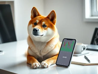 Shiba Inu dog sitting next to a smartphone showing a SHIB cryptocurrency price chart