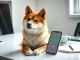 Shiba Inu dog sitting next to a smartphone showing a SHIB cryptocurrency price chart