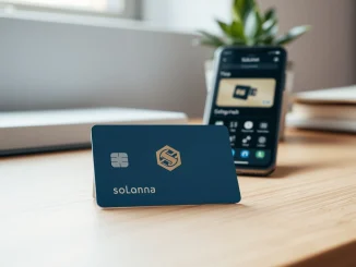 Shinhan Card credit card with Solana blockchain symbol on a desk next to a smartphone showing a digital wallet
