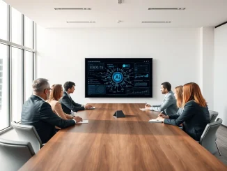 Executives in a modern boardroom discussing AI strategy with data visualizations on a large screen.