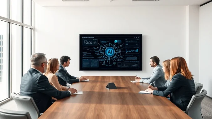 Executives in a modern boardroom discussing AI strategy with data visualizations on a large screen.