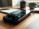 iPhone displaying AI-powered widget-based homescreen interface on a desk