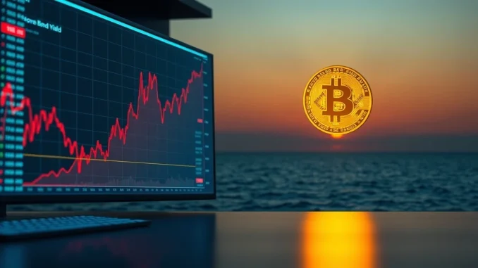 Split scene of rising bond yield chart and Bitcoin coin over ocean at sunrise