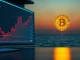 Split scene of rising bond yield chart and Bitcoin coin over ocean at sunrise