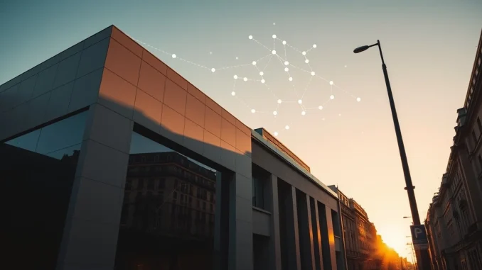 Societe Generale headquarters in Paris with digital blockchain network overlay representing stablecoin deployment on Canton Network