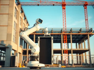 Autonomous robotic arm assembling server racks at a US data center construction site