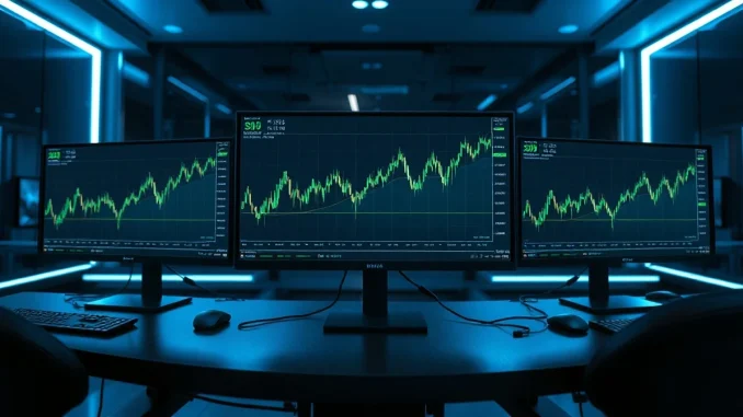 Trading desk monitors showing Solana SOL price charts with bullish breakout pattern