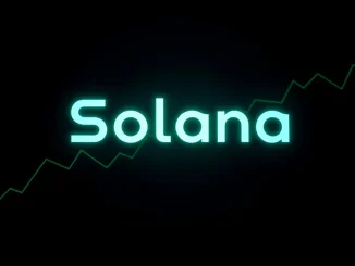 Solana blockchain logo with glowing green and blue colors on a dark futuristic chart background