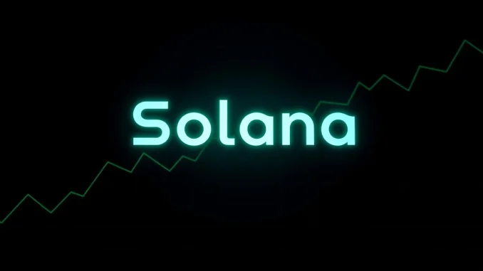 Solana blockchain logo with glowing green and blue colors on a dark futuristic chart background