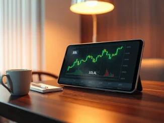 Solana price chart on smartphone screen with bullish candlesticks on a desk