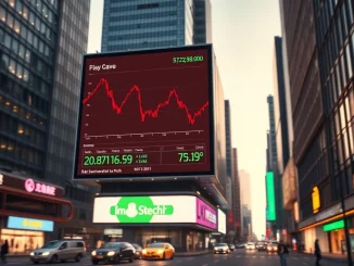 Seoul financial district with a digital billboard showing a declining crypto chart and rising stock chart at dusk.