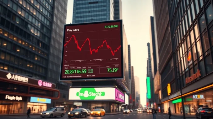 Seoul financial district with a digital billboard showing a declining crypto chart and rising stock chart at dusk.