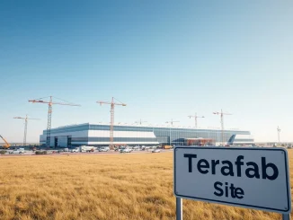 Aerial view of a large semiconductor construction site in rural Texas labeled Terafab.