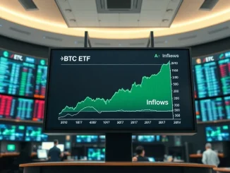 Digital display showing Bitcoin ETF inflow chart on a trading floor